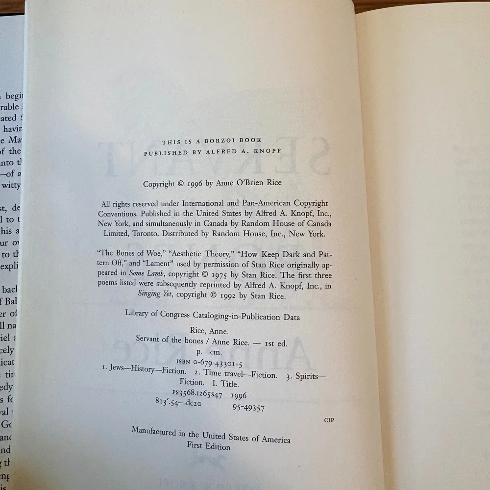 Anne Rice Servant of the Bones First Edition Hardcover Book‎ & Dustjacket 1996
